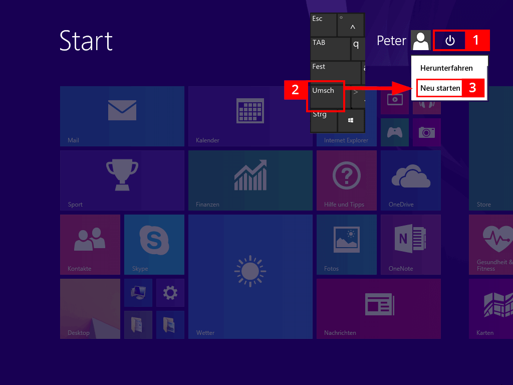 Windows-8-Charms-Bar mit Neu-Starten-Option
