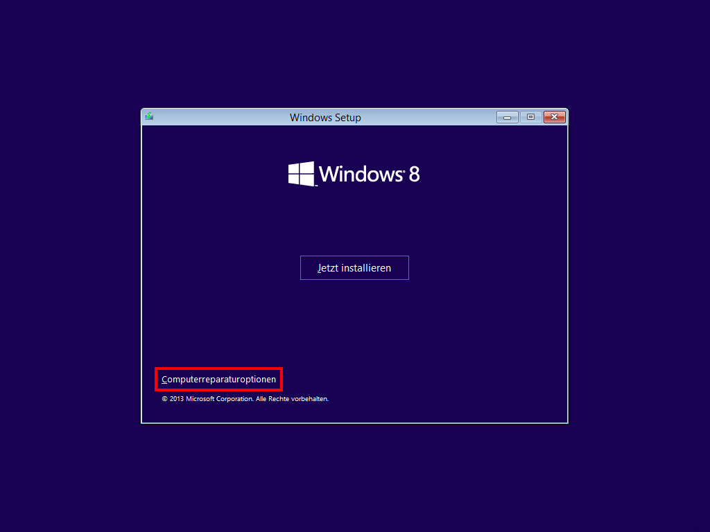 Windows-8-DVD – Startbildschirm mit Computerreparaturoptionen