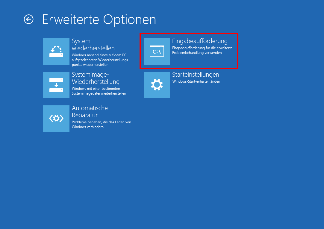 Systemwiederherstellung Windows 8: Erweiterte Optionen mit Auswahl Eingabeaufforderung