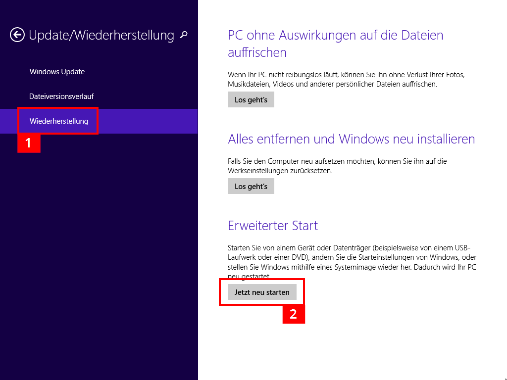 Abgesicherten Modus über die Systemreparatur von Windows 8 starten