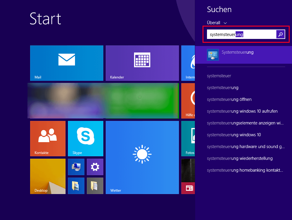 Windows-8-Suche nach „Systemsteuerung“