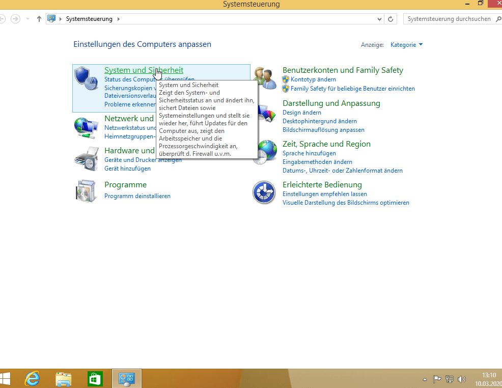 Kategorie „System und Sicherheit” in der Windows-8-Systemsteuerung