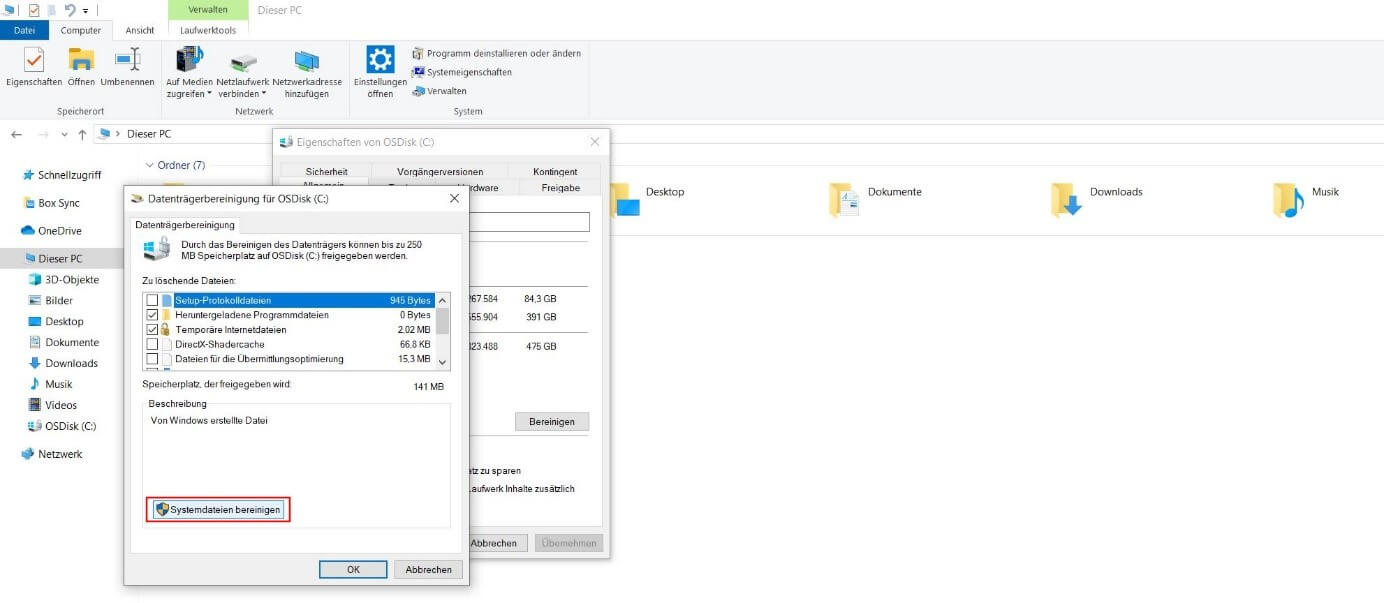 Windows-Datenträgerbereinigung: Auswahl zu löschender Dateien