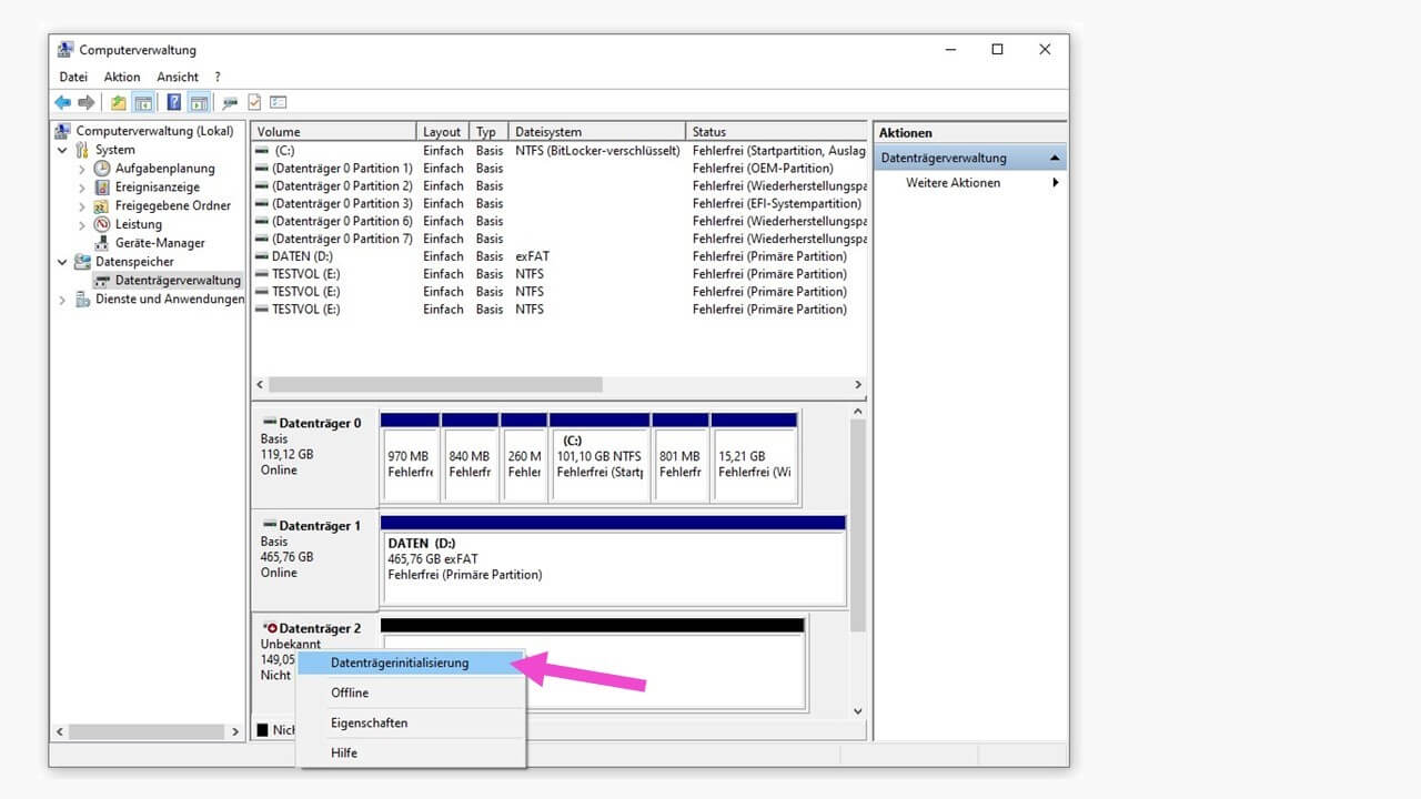 Windows-Datenträgerverwaltung mit dem unbekannten Datenträger 2