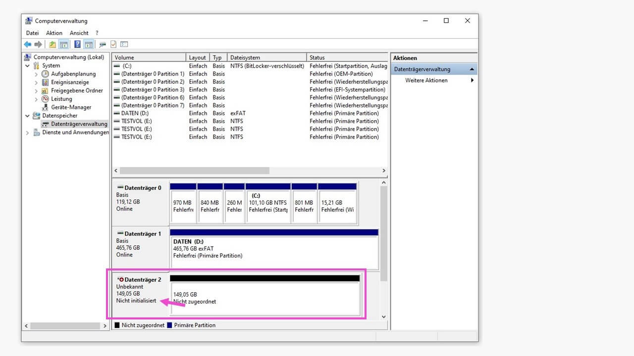 Windows-Datenträgerverwaltung mit nicht initialisiertem Laufwerk