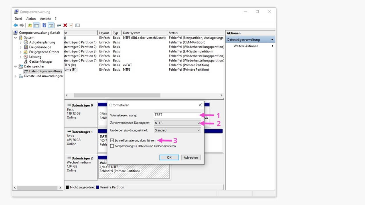Windows-Datenträgerverwaltung zur Erzeugung des Dateisystems