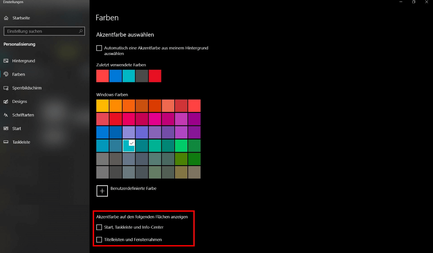 Windows-Einstellungen: Akzentfarbe auswählen