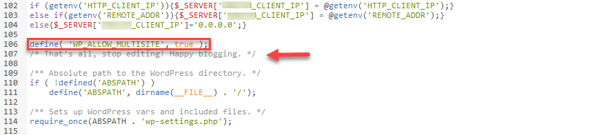 Datei wp-config.php mit der hinzugefügten Code-Zeile define( 'WP_ALLOW_MULTISITE', true );