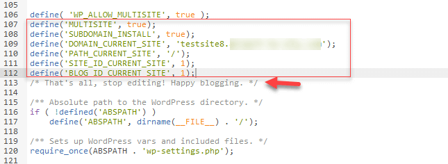 Datei wp-config.php mit dem hinzugefügten Code aus dem WordPress-Backend