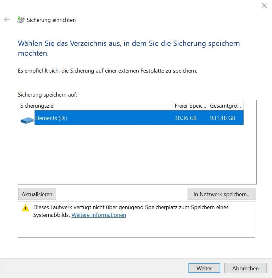 Ziel für Windows-10-Datensicherung auswählen