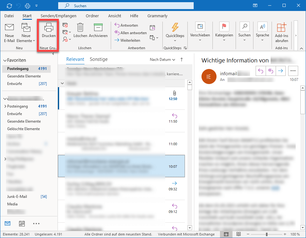 Outlook-Menüband mit neuem Befehl „Drucken“ 
