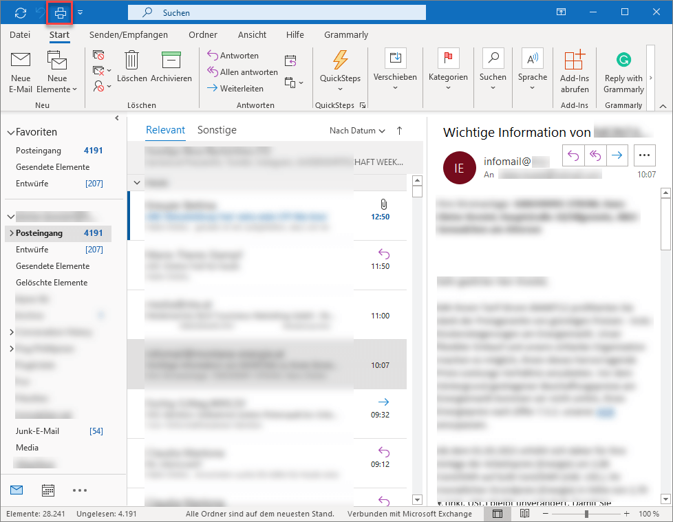 Outlook mit dem „Drucken“-Symbol in der blauen Symbolleiste