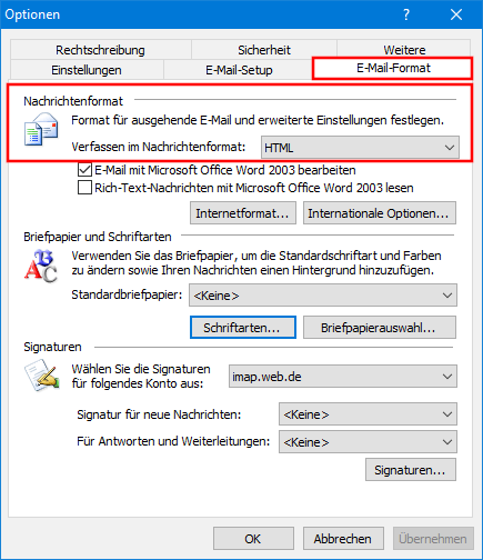 Outlook-2003-Optionen: Registerkarte „E-Mail-Format“ 