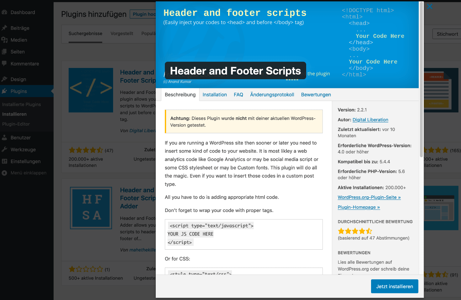Header and Footer Scripts Plugin installieren