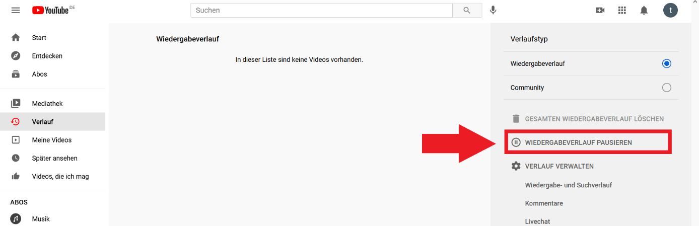 YouTube: Wiedergabeverlauf pausieren