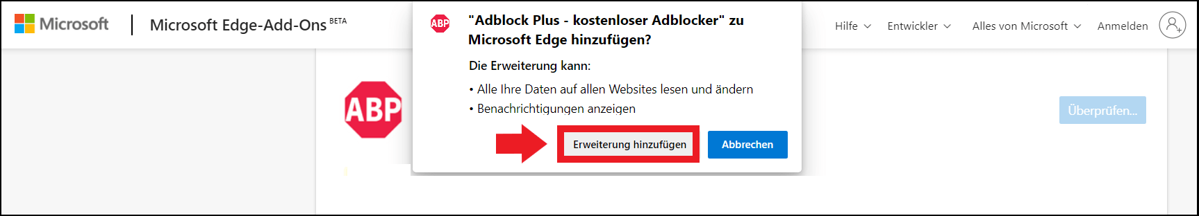 Adblock-Plus Installation über die Edge-Add-Ons-Seite