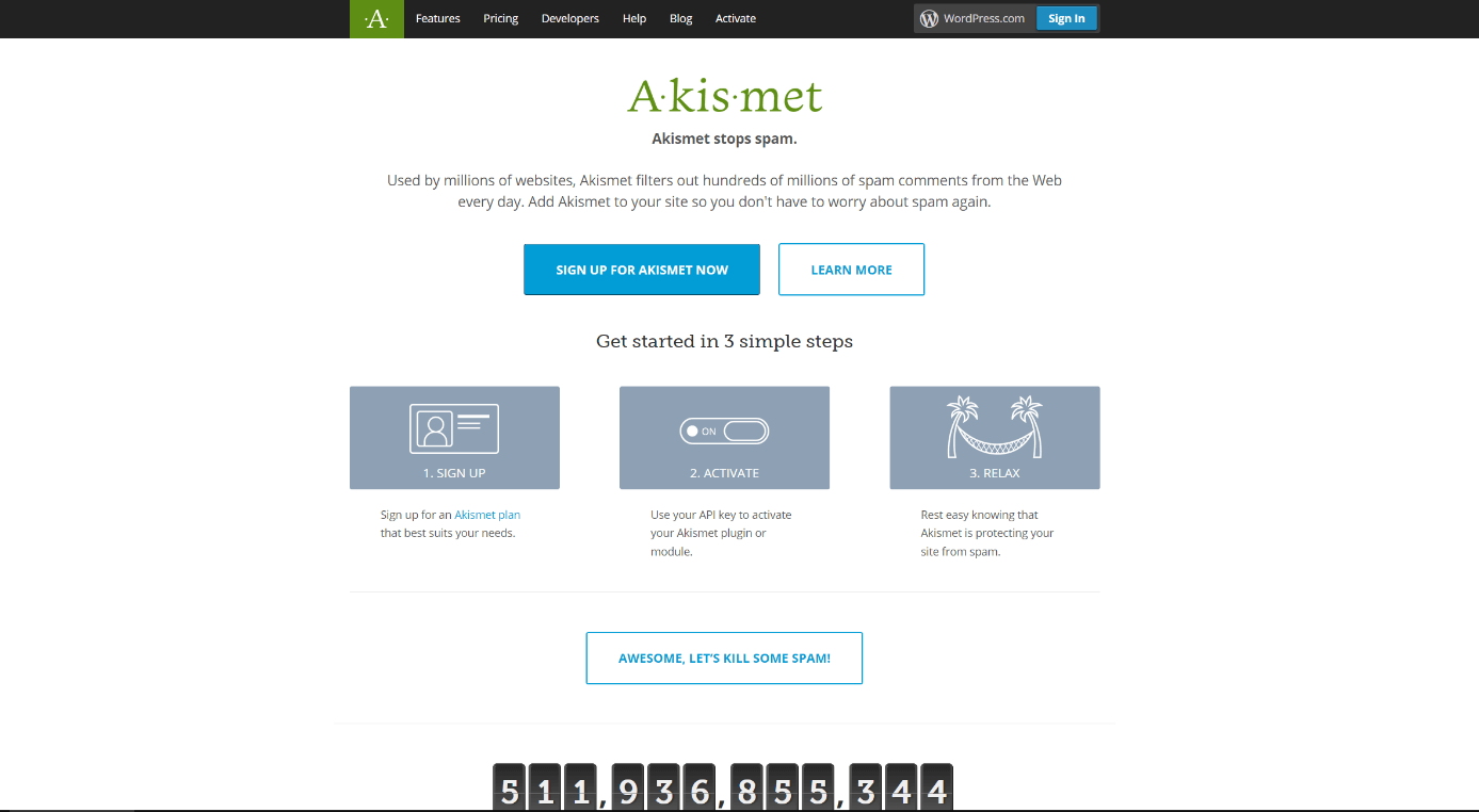 Screenshot der Akismet-Homepage