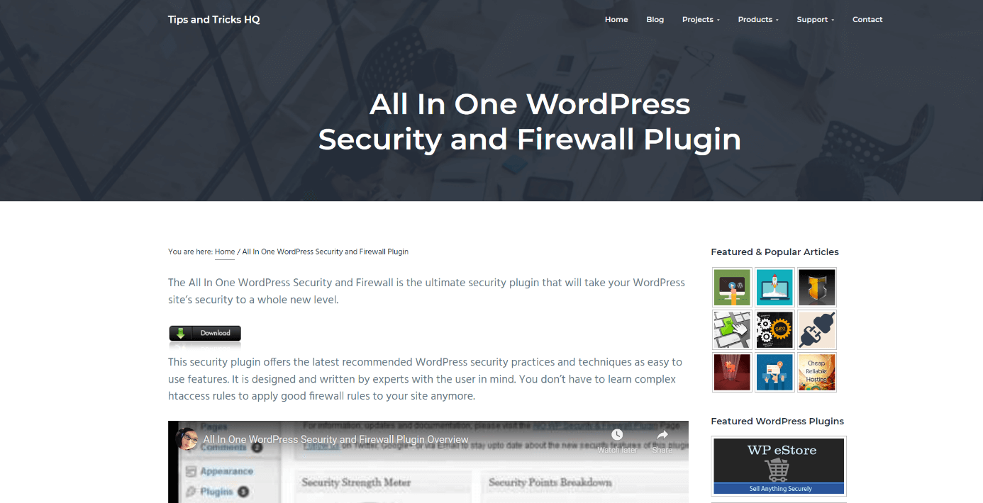 Website des Plugins „All In One WordPress Security and Firewall“