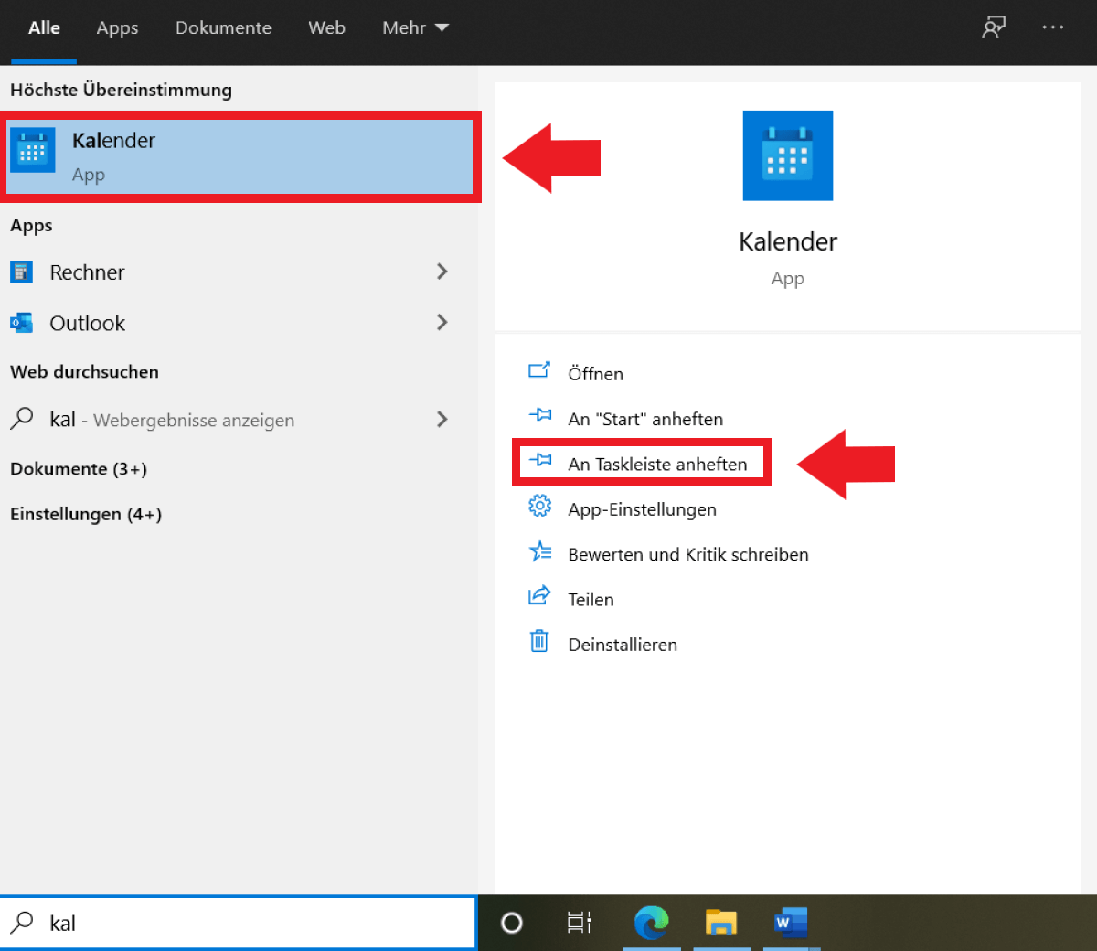 Anheften der Windows-Kalender-App an die Taskleiste