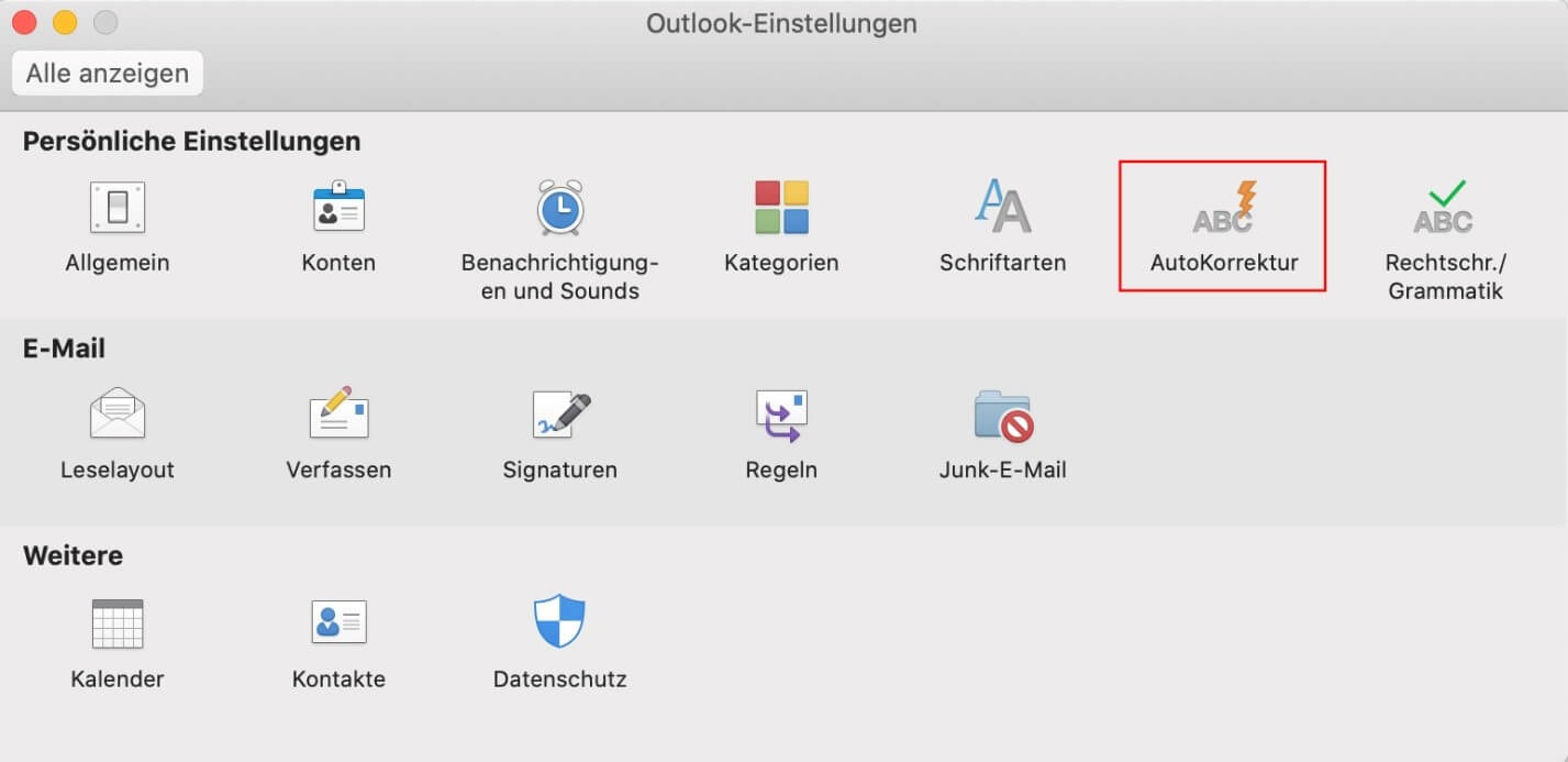 Outlook für Mac: „AutoKorrektur“-Kategorie in den Einstellungen 