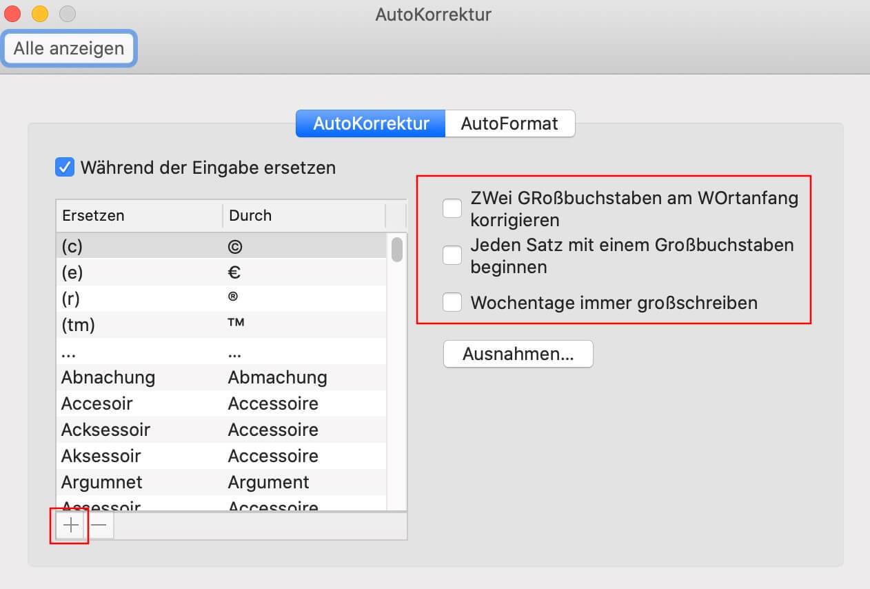 Outlook für Mac: AutoKorrektur-Optionen 