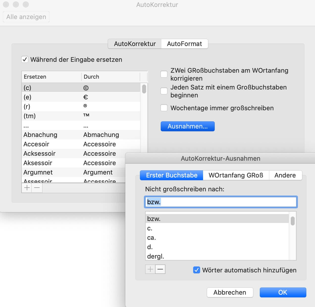Outlook für Mac: AutoKorrektur Ausnahmen 