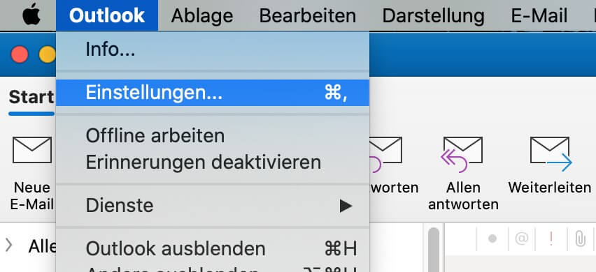 Outlook für Mac: Dropdown-Menü mit „Einstellungen“-Menüpunkt