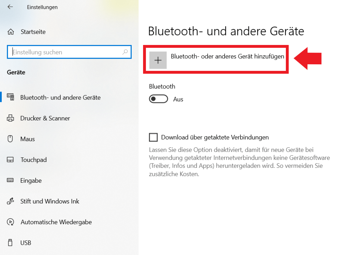 Gehen Sie in den Windows-Einstellungen auf „Geräte“ und anschließend „Bluetooth- oder anderes Gerät hinzufügen“