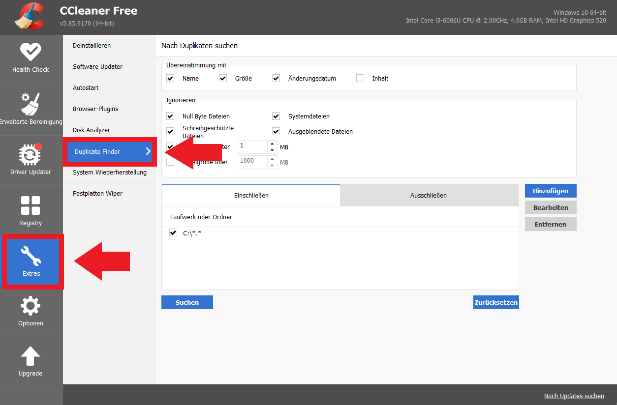 Gehen Sie auf „Extras“ und „Dateisuche“, um die Details der Duplikat-Suche zu definieren