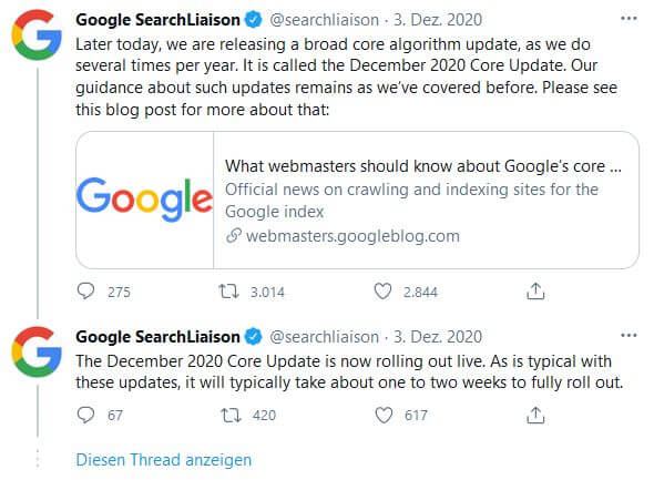 December 2020 Core Update Twitter Post