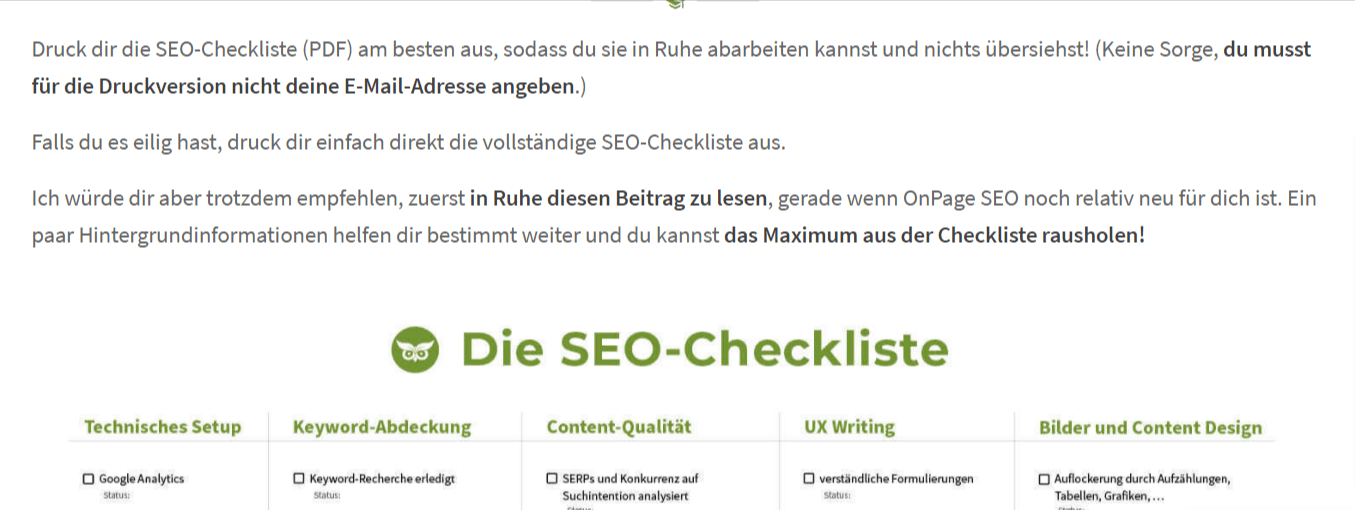Screenshot: SEO-Checkliste von Evergreenmedia