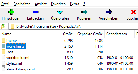 Abbildung der Excel-Datei, Verzeichnis „xl“, geöffnet im Programm 7-Zip 