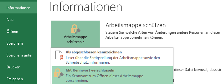 Abbildung des Menüs „Datei“ > „Informationen“ > „Arbeitsmappe schützen“ 
