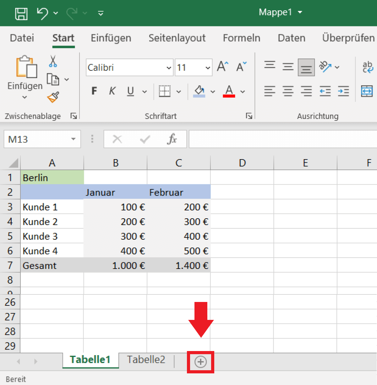 Öffnen Sie die Excel-Datei und erstellen Sie mit dem Plus-Symbol ein neues Arbeitsblatt für die Zusammenführung