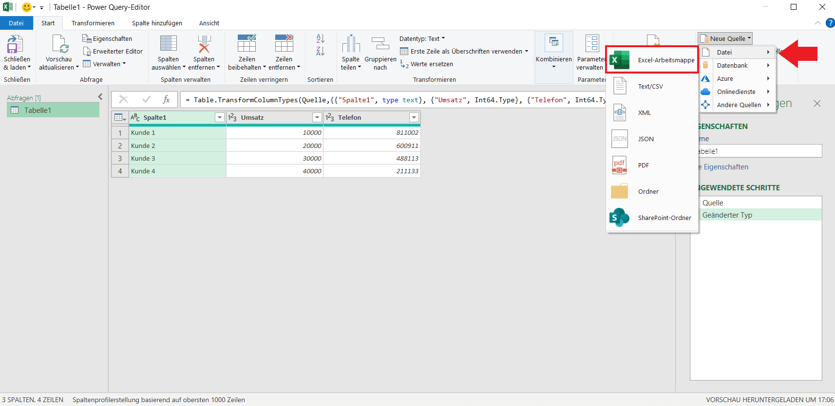 Gehen Sie auf „Neue Quelle“ und importieren Sie über „Datei“ und „Excel“ die zweite Tabelle