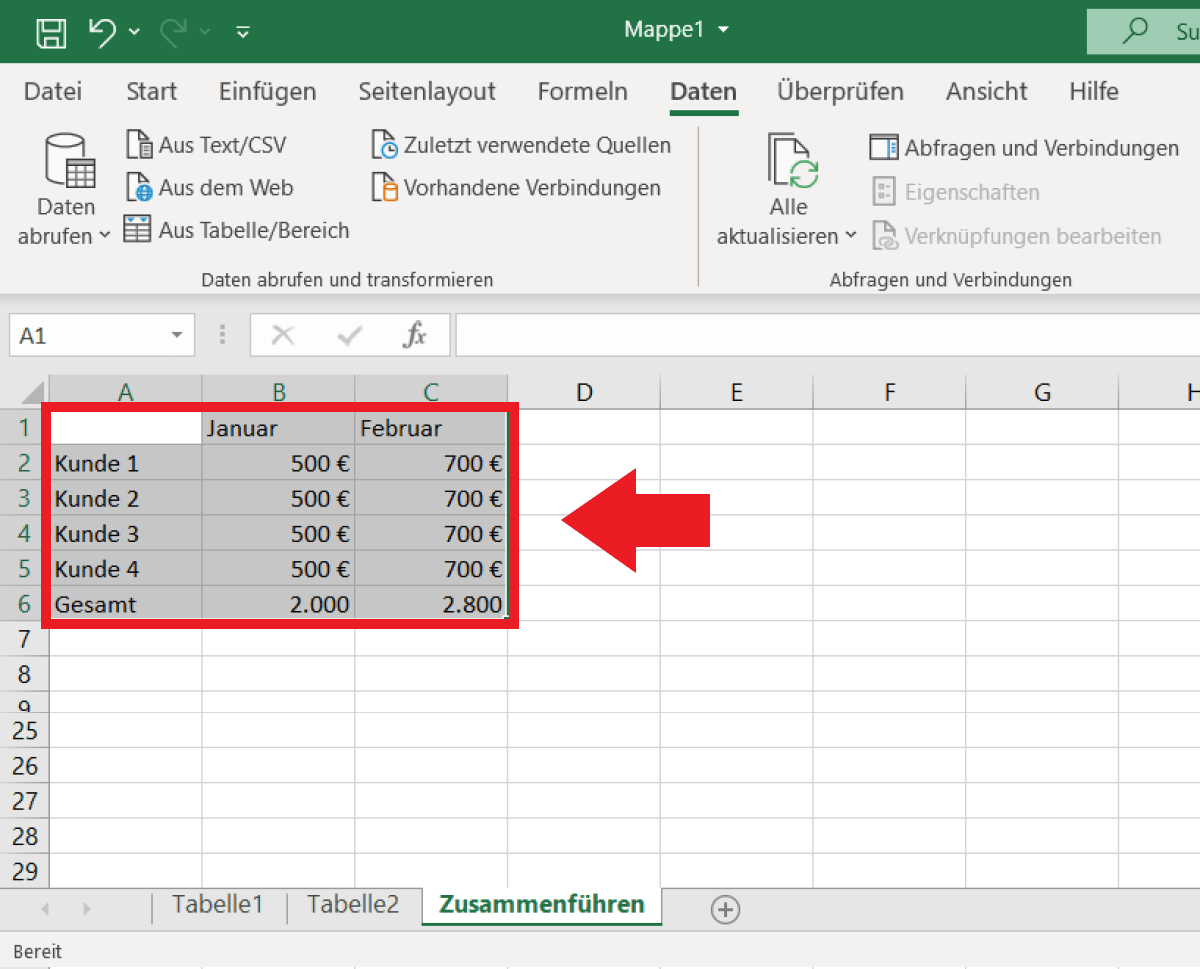 Sie sehen nun in der neuen Tabelle die zusammengeführten Daten der Excel-Tabellen