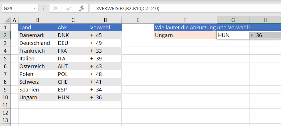 Excel: XVERWEIS-Beispiel für die Wiedergabe von zwei Werten in einer einzigen Suche