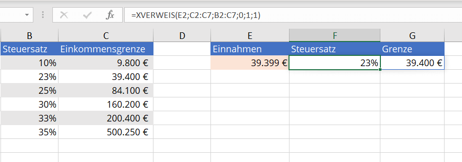 Excel: XVERWEIS-Beispiel mit drei Pflichtangaben und allen optionalen Argumenten