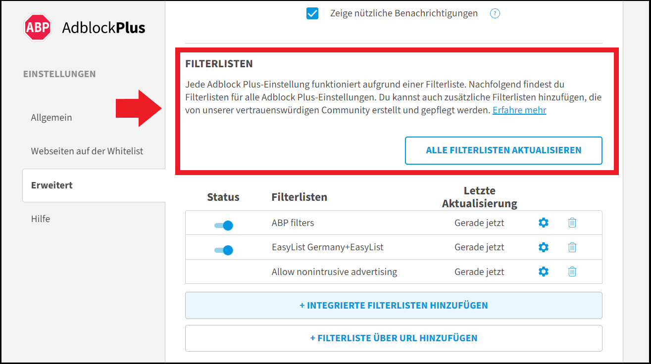 Filterlisten für blockierte Werbung in Adblock Plus
