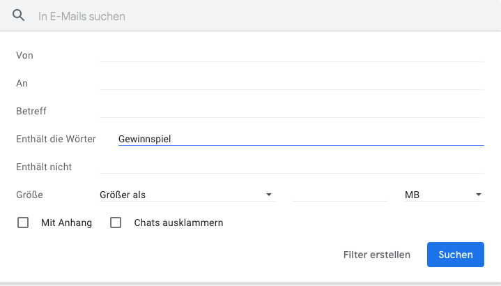 Screenshot der Auswahlmöglichkeiten für Filter bei Gmail