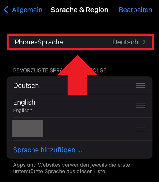 Die Liste an Gerätesprachen im iOS-Sprachmenü
