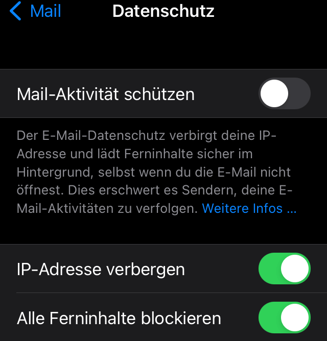 iPhone-Einstellungen für die Mail Privacy Protection