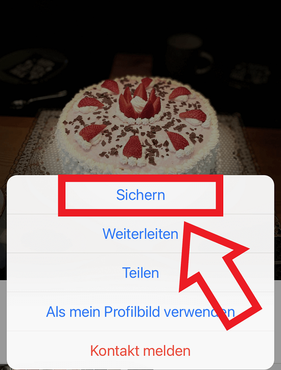 iPhone-Screenshot von der Option „Sichern“ nach der Auswahl eines WhatsApp-Fotos.