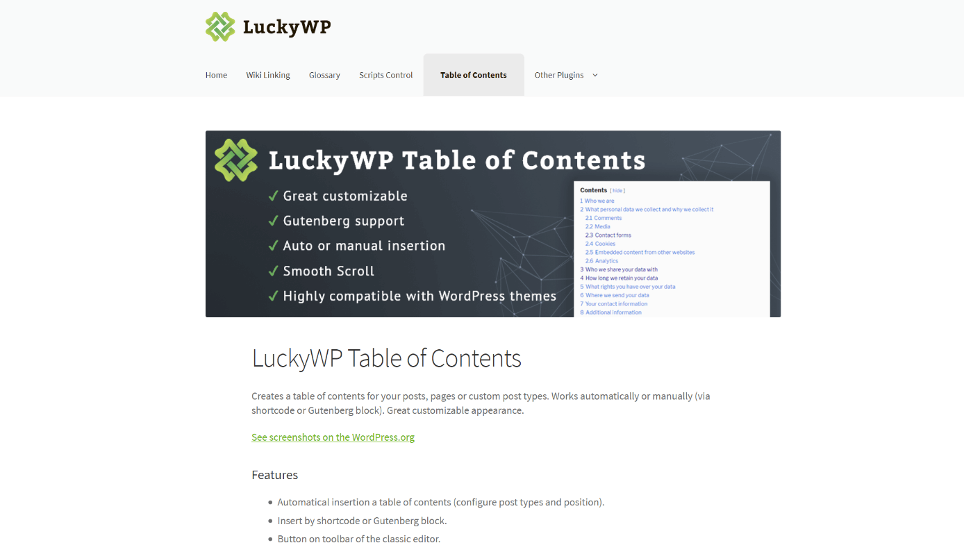 Informationsseite zu „LuckyWP Table of Contents“ auf der Entwickler-Website
