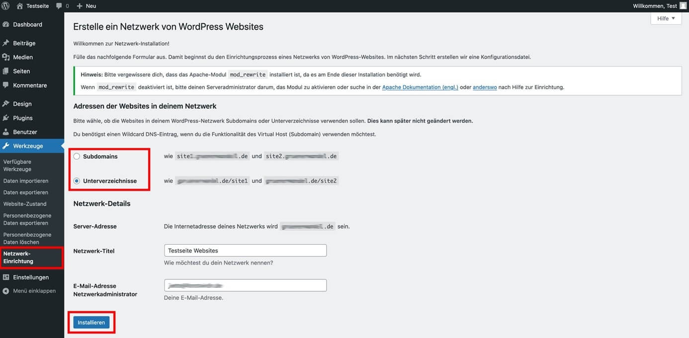 Netzwerk-Einrichtung im WordPress-Backend