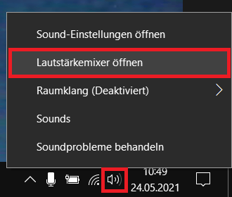 Öffnen Sie bei Windows 10 per Rechtsklick auf den Lautsprecher die Einstellungen und gehen Sie auf „Lautstärkemixer öffnen“.