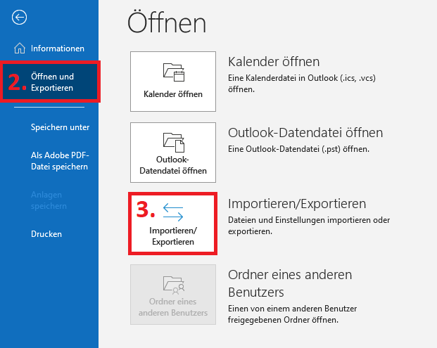 Outlook-Menü „Öffnen und Exportieren“ 