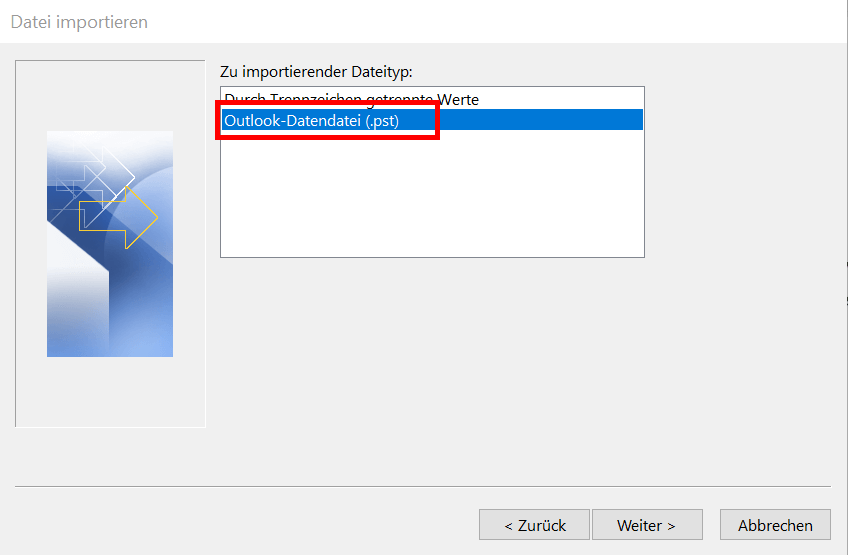 Das passende Dateiformat im Outlook-Assistenten auswählen 