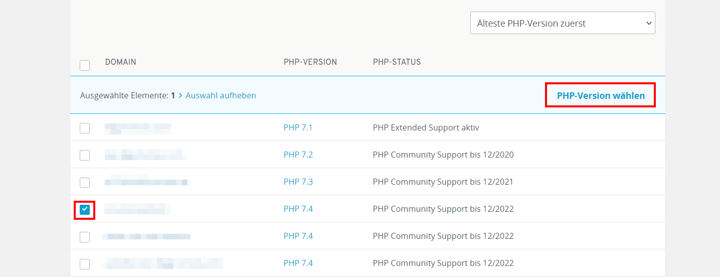 PHP-Status der Domains im IONOS Control Panel