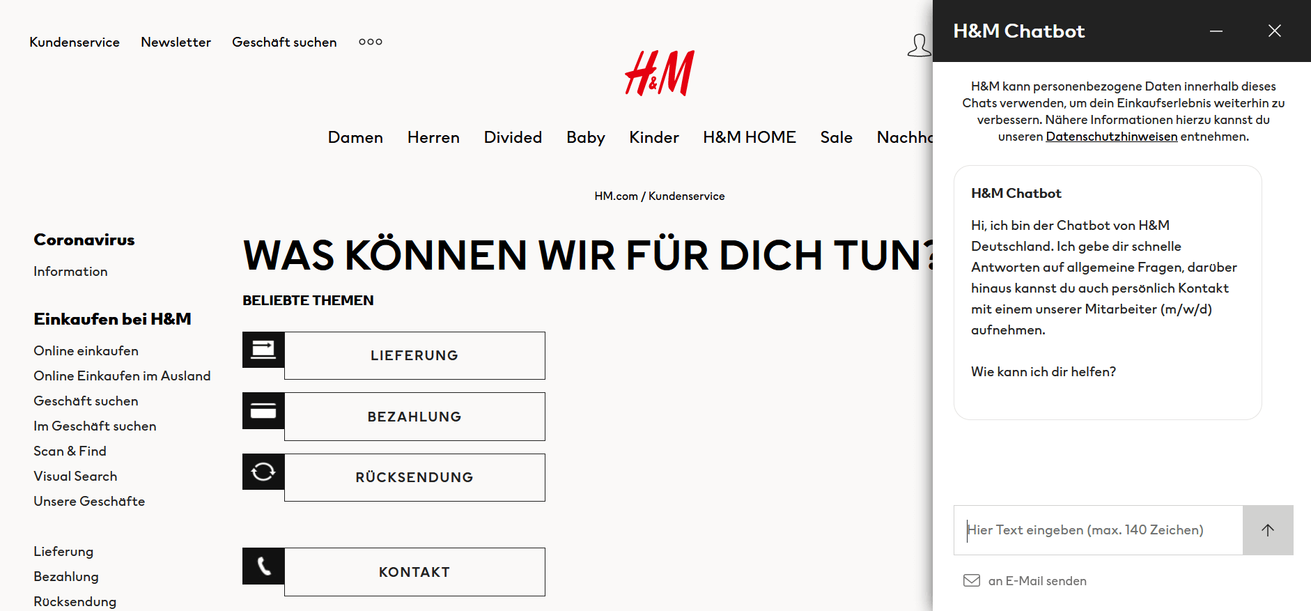 Screenshot der H&M-Kundenservice-Seite mit eingeblendetem Chatbot-Fenster